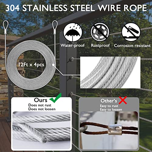 Wire Rope, 48 Ft (12ft x 4) Vinyl Coated Stainless Steel Wire Cable Ropes Hardware Kits for Outdoor Shade Sail Installation, Clothes Line, Picture Hanging Wire,Hanging Lights - size: 4 Pcs Cables Only