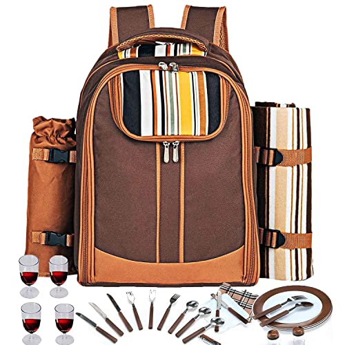 Hap Tim Picnic Backpack Bag for 4 Person with Cooler Compartment, Detachable Bottle/Wine Holder, Fleece Blanket, Plates and Cutlery Set Perfect for Outdoor, Sports, Hiking, Camping, BBQs(Coffee) - color: Coffee, size: 4 person