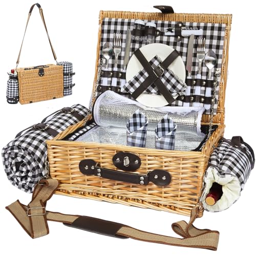 Picnic Basket for 2 with Blanket, Willow Picnic Basket Set with Shoulder Strap&Wine Pouch, Large Willow Hamper with Insulated Cooler for Outdoor, Camping, Beach, Couples, Wedding Gift - color: Black and White Grid