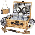 Picnic Basket for 2 with Blanket, Willow Picnic Basket Set with Shoulder Strap&Wine Pouch, Large Willow Hamper with Insulated Cooler for Outdoor, Camping, Beach, Couples, Wedding Gift - color: Black and White Grid