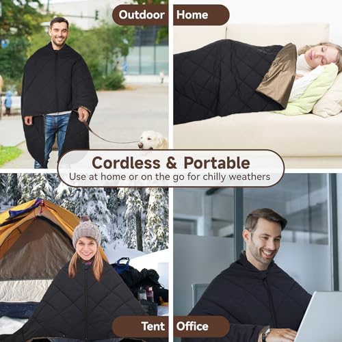 Heated Blanket Outdoors, Battery Operated Heated Throw with 10000mAh Power Bank, Cordless Wearable Electric Blanket & Shawl, 6-Zone Fast Heating for Camping, Hiking, Stadium Events & Travel - color: Charcoal