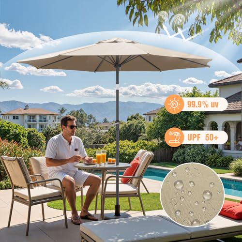 Outdoor Patio Umbrella, Table Umbrella with Push Button Tilt and Crank, 8 Ribs Market Umbrella - color: Beige-Steel Ribs, size: 10FT