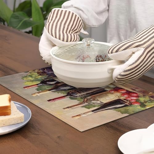 Placemats Set of 6,Retro Red Wine Table Mats, Grapes Glass Cup Washable Linen Table Mats,Non-Slip Heat Resistant Placemats for Party Kitchen Dining Indoor Outdoor 12"x18" - color: Retro Red Wine, Grapes Glass Cup