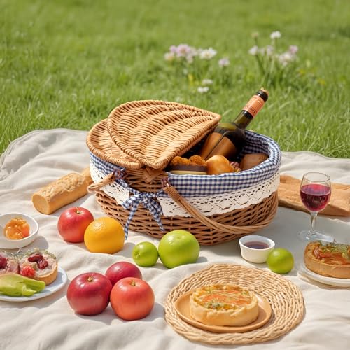 GRANNY SAYS Wicker Picnic Basket for 2 with Handles, Woven Cute Boo Basket with Washable Liner & Dual-Flip Lid, Vintage Large Picnic Baskets for Camping, Outdoor, Gift, Blue and White Checkered Liner - color: Blue