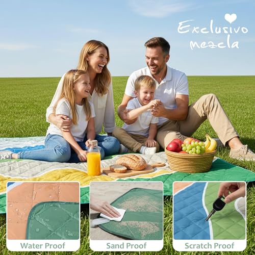 Exclusivo Mezcla Extra Large Waterproof Picnic Blankets 3 Layer, Sandproof and Foldable Outdoor Blanket for Beach Camping, Park and Travel - color: Waved Green