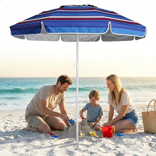 LOTTAFUN 6.5ft Beach Umbrella - Heavy Duty Wind Resistant UV 50+ Portable Sun Shade with Sand Anchor & Carry Bag, Outdoor Folding Umbrella for Beach, Pool, Patio, Garden (Blue color strip) No Tilt - color: Blue color strip
