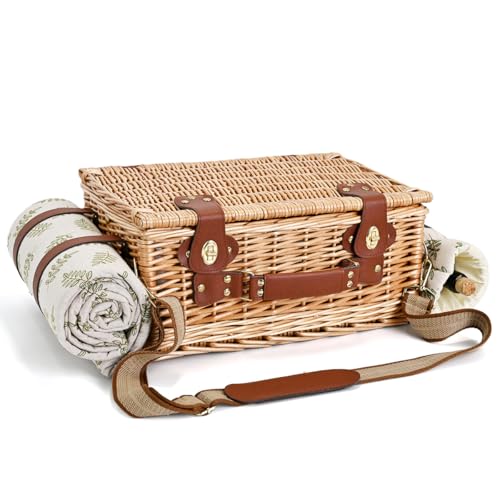 Picnic Basket with Blanket and Wine Pouch for 4, Wicker Picnic Set with Insulated Liner Cooler Bag Hamper for Camping,Wedding - Leaf - color: Leaf With Blanket for 4