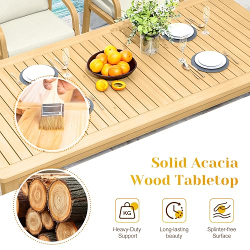 FansaFurn 3-Piece Outdoor Dining Set for 4 with 2 Benches and Cushion, All-Weather Acacia Wood Patio Table and Bench Set for Garden and Lawn, Beige