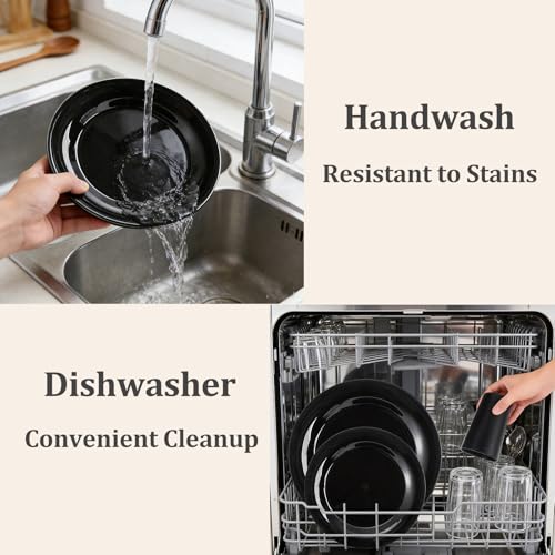 WRINGKIT 16 Pieces Plastic Dinnerware Set for 4, Unbreakable Plates and Bowls, Lightweight Black Plates Bowls with Cups, Reusable Dishes Set for Camping, Kitchen, Dorm, Dishwasher Microwave Safe