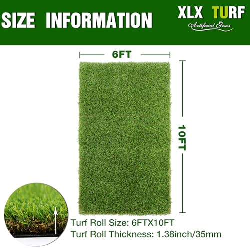 XLX TURF Realistic Artificial Grass Outdoor - 6 FT x 10 FT Ultra Thick & Pets Friendly Fake Grass Rug for Dog Potty Patio Balcony Backyard with Drain Hole 35 mm/1.35 inch Pile Hight - size: 6' x 10' (Rectangular)