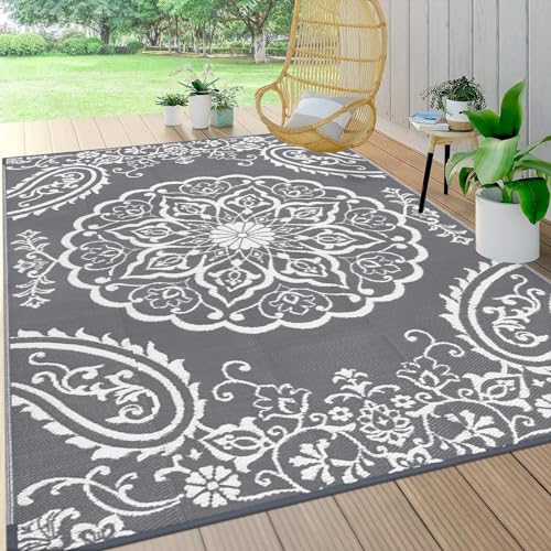 Pauwer Waterproof Outdoor Rug 6x9, Reversible Plastic Straw Patio Camping Rug, Indoor Outdoor RV Mat Carpet for Deck, Camper, Porch, Balcony, Backyard, Picnic, Boho Grey - color: Boho Grey, size: 6' x 9' (Rectangular)