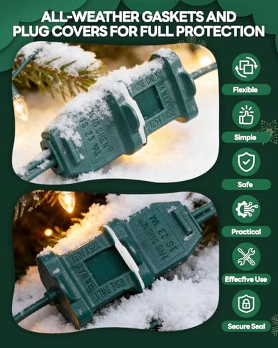 12-Pack Weatherproof Gaskets and Plug Protector Covers, Silicone & Plastic Waterproof Outdoor Plug Protector, Stop GFCI Tripping for Christmas Lights, Pool Pumps, Fits 2 & 3 Prong Plugs