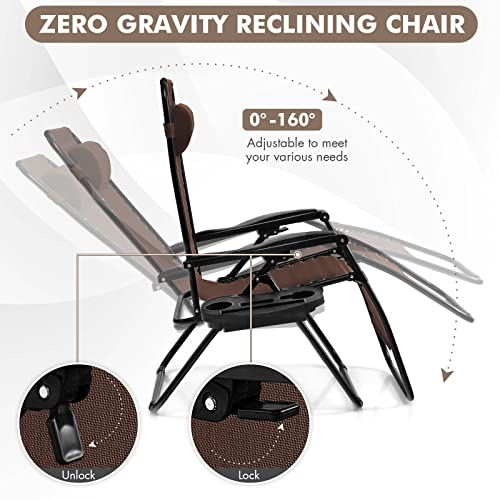 Giantex Zero Gravity Reclining Chair, Outdoor Patio Recliner with Cup Holder & Removable Pillow, Adjustable Backrest, Indoor Lounge Chair for Backyard, Garden, Poolside (Brown) - color: Brown, size: 1 Count (Pack of 1)