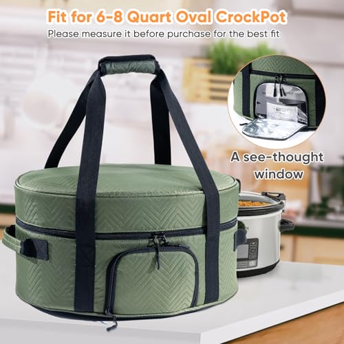 Insulated Slow Cooker Carrying Bag for 6-8 Quart CrockPot and Hamilton Beach Slow Cooker with See-thought Window, Portable Carrier Case with Adjustable Band and Accessory Pocket - color: Green