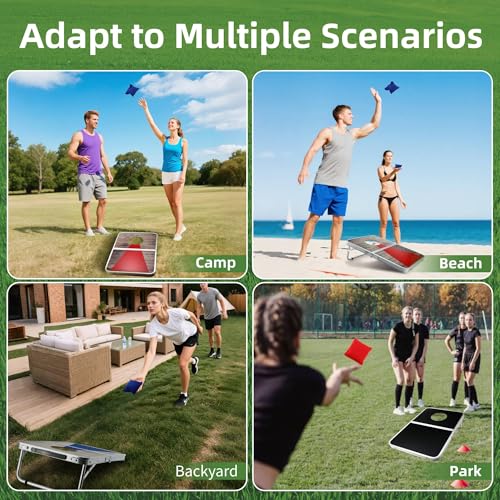 Portable Cornhole Board Set with Aluminum Alloy Edging,2x1.3ft Foldable Corn Hole Games for Adults and Family with 8 Bean Bags for Outdoor Backyard Travel Tailgate Camping - color: Wood color
