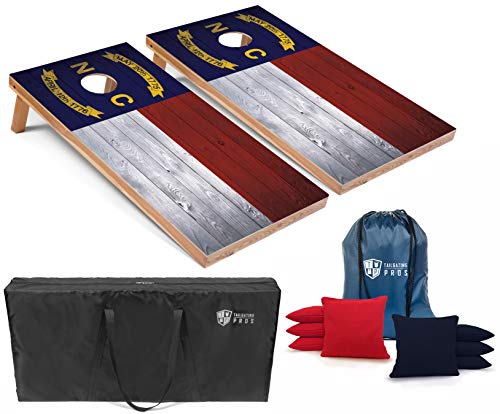 Tailgating Pros Regulation Cornhole Boards Flag Set - Includes 8 Bean Bags, Carrying Cases, and 4'x2' Corn Hole Toss Game w/Ring Light - color: North Carolina Flag