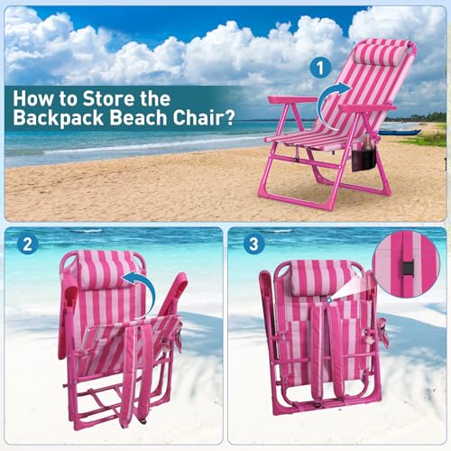 Suteck Backpack Beach Chair, 6-Positions Beach Chairs for Adults with Cooler Bag, Reclining Beach Chair with Cup Holder Folding Camping Chair for Sand Outdoor - color: Striped Pink