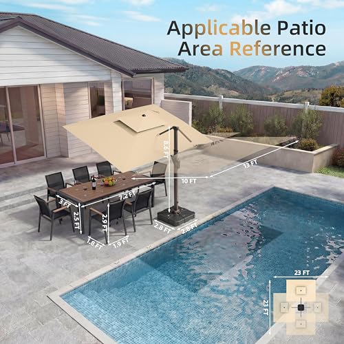 10 X 13 FT Cantilever Patio Umbrella with Led Lights Outdoor Rectangle Offset Large Double Top Heavy Duty Umbrellas with 360°Rotation for Pool Deck Backyard Garden, Beige - color: Beige, size: 10×13 Ft Without Base