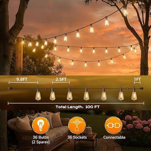 100FT Outdoor String Lights, Waterproof Patio Lights with Clear Shatterproof Plastic ST38 Vintage Edison Bulbs, Connectable Outside Hanging Lights for Backyard, Porch, Deck, Balcony, Garden, 2700K - size: 100FT-1