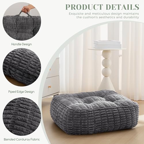 HIGOGOGO 8" Floor Pillow Cushion for Adults, Meditation Cushion Pillow, Blended Corduroy Cover, Large Square Floor Sitting for Tatami Living Room or Yoga, 22x22 Inch, Dark Grey - color: Square Dark Grey, size: 8" Thick(Pack of 1)