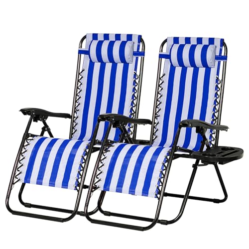 Nazhura Set of 2 Relaxing Recliners Patio Chairs Adjustable Steel Mesh Zero Gravity Lounge Chair Beach Chairs with Pillow and Cup Holder (Navy Blue Stripe) - color: Navy Blue Stripe