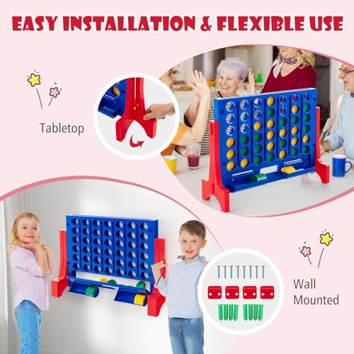 KOTEK 1.6 FT Tall Giant 4-in-A-Row, Jumbo 4-to-Score Game with Carrying Bag & 42 Coins, Quick Release Slider, Indoor Outdoor Family Board Game for Kids Adults, Freestanding/Wall-Mounted (Red) - color: Red