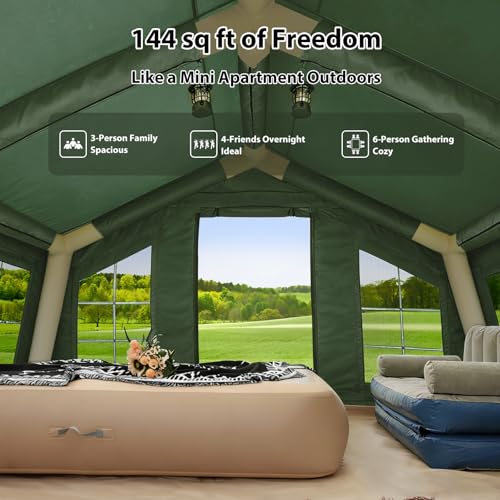 KNUO Inflatable Camping Tent, Large Blow-Up Air Tent, No Assembly Needed Luxury Glamping House, Oxford Fabric - color: Field Green-Dual-layer Doors, size: 12x12ft