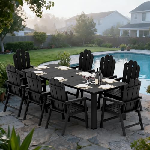 9-Piece Patio Dining Set, Outdoor Dining Set for 8, Large HDPE All-Weather Outdoor Furniture with 89.57” Umbrella Hole Table, 8 Armchairs, Black - color: Black, size: 8 Armchairs