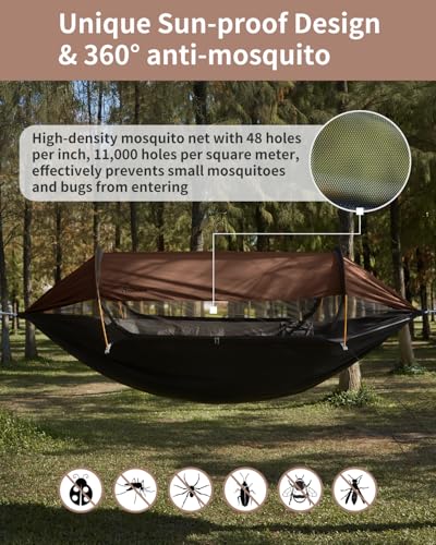 Camping Hammock Tent with Mosquito Net and Sunshade, Extra Large for 2 Person, Lightweight Hanging Hammocks Tree Straps, Bivvy Ground Tent for Outside, Hiking, and Travel - color: Hammock-brown