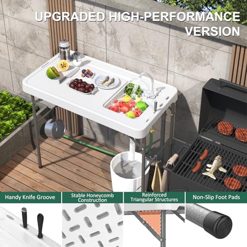 Fish Cleaning Table with Sink, 42.5" Folding Camping Table & Fish Cleaning Station with Measure Mark, Camping Sink with Hose Hookup for Outdoor Picnic, Beach, Dock & Patio Use - style: Fish cleaning table new