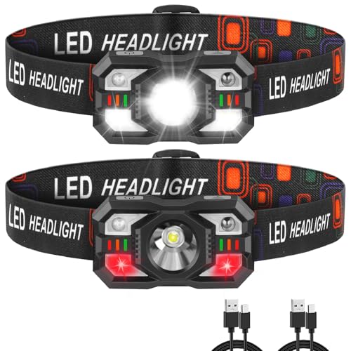 Staaricc Headlamp Rechargeable, LED Headlamp with Red Light, 2Pack Headlamps for Adults, Head Lamps LED Rechargeable, Headlight Motion Sensor, Head Lights for Forehead Hardhat Running Hunting Camping