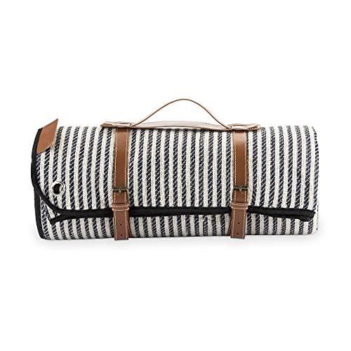 Twine Picnic Blanket - Waterproof Outdoor Blanket with Leather Carrying Straps and Picnic Stakes - Navy/White Striped 6pc Set of 1 - style: Picnic Blanket