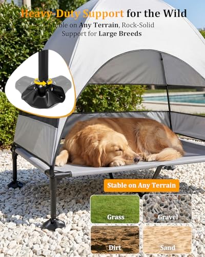 Elevated Dog Bed with Canopy - 3-Sided UV Protection Pet Tent with Wider Shade, Raised Cooling Outdoor Dog Cot with Breathable Mesh for Medium Large Dogs, Portable Bed for Camping, Patio (Grey, XL) - color: Grey, size: X-Large