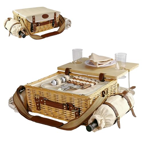 Multifunctional Wicker Picnic Basket Set for 2 Adults with Picnic Table and Blankets,Large Insulated Picnic Set with Wine Pouch and Full Tablewares for Camping Outdoor Couples Natural Beach Wedding - color: Nature2