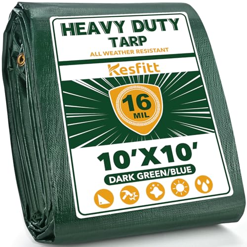 Kesfitt 16 Mil Heavy Duty Waterproof Tarp with Metal Grommets, Dark Green & Blue Reversible Poly Tarp, 10x10 ft, for Outdoor Protection, Yard, Garden, Farm, Camping & Equipment Coverage - color: 16mil-green/Blue, size: 10x10 ft