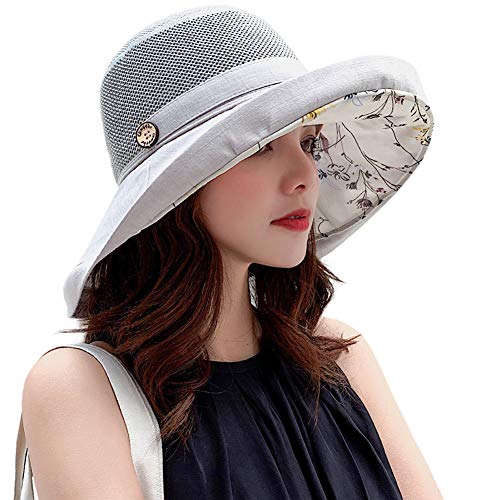 Women Mesh Sun Hats Summer Beach UV Protection UPF Packable Wide Brim Chin Strap - color: Grey