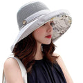 Women Mesh Sun Hats Summer Beach UV Protection UPF Packable Wide Brim Chin Strap - color: Grey