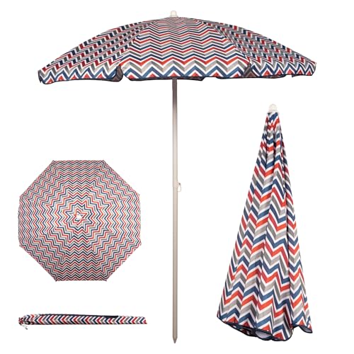 PICNIC TIME 5.5 Ft Portable Beach Umbrella, Lightweight UV Protection Sunshade with Tilt Pole & Carry Bag, Outdoor Canopy Umbrella for Beach, Sand, Pool, Patio, Camping, Travel, or Backyard Shade, (Vibe Collection - Navy Blue, Orange, & Gray Pattern) - co