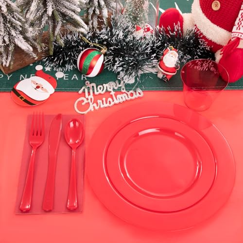 Gather 176 Pieces Red Plastic Plates- Red Heavy Duty Disposable Plates Dinnerware 50Plates, 75 Plastic Silverware, 25 Napkins, 25 Cups Bonus 1 Red Plastic Tablecloth for Party& Wedding &Mother's Day - color: Red, size: 25 Guests