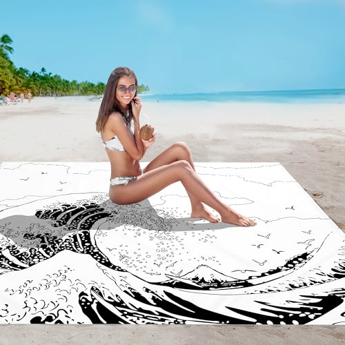Beach Blanket, Waterproof Sandproof Beach Mat with 4 Stakes & 4 Pockets, 78''×86'' Lightweight Outdoor Picnic Blanket for Travel, Camping, Hiking - color: Great Wave, size: 6.5x7.2 FT (1～4 person)