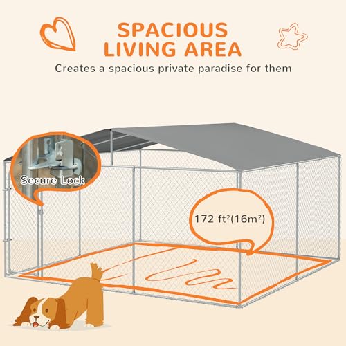 PawHut Outdoor Dog Kennel, Heavy Duty Dog Run Outdoor Fence with Waterproof Cover, Galvanized Chain Link, Secure Lock, for Large Breeds, Chickens, Ducks, 13' x 13' x 7.5' - size: 157.5"L x 157.5"W x 91.3"H