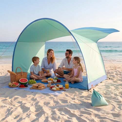 Beach Shelter, Wind-Powered Beach Tent Sun Shelter with UPF50+ UV Protection, Lightweight & Portable Easy Setup Beach Canopy Sun Shade Tent for Family Outdoor Beach Camping & Picnic - color: Ocean Blue & Fresh Green