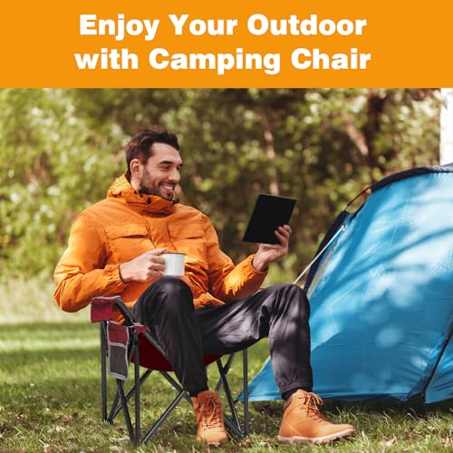 Camping Chair Portable Folding Outdoor Chair Heavy Duty Padded Chairs Lawn Chair with Cup Holder, Storage Pocket and Cooler Bag, Supports 500 LBS, Red - color: Red