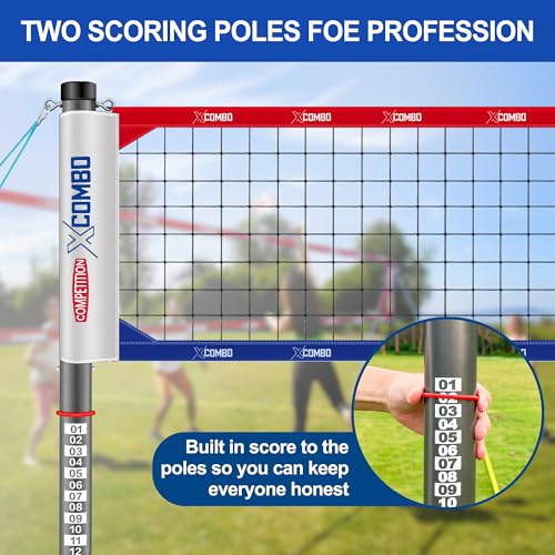 Professional Volleyball Net Set Heavy Duty for Outdoor Backyard Portable with Aluminum Adjustable Height Scoring Poles, Regulation Nets System for Tournament, Grass - color: Red and Blue