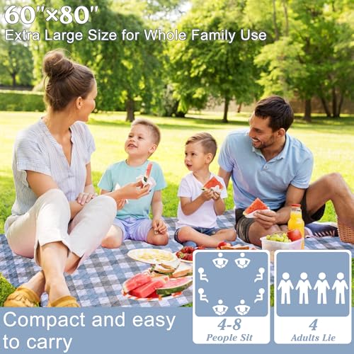 Extra Large Picnic Blanket 80''x 60'' Waterproof Foldable Picnic Mat for Beach, 5-Layer Outdoor Blanket for 6 to 8 Adults,Camping Grass Lawn Park Accessories Couple Park Wedding Registry(Blue Gray) - color: Blue-gray, size: 5' x 6'8" (Square)