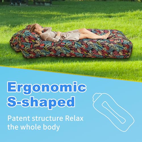 Inflatable Couch, Inflatable Lounger Air Sofa | No-Pump Blow Up Couch | Ergonomic Design, Air Couches Outdoor for Camping & Park & Beach, Upgrade Your Camping Accessories - color: Red Leaf, style: Standard - No Sunshade