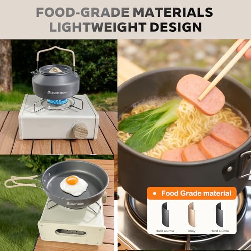 DA DINITHRON 10-Piece Camping Cookware Set, Lightweight Hard-Anodized Aluminum Pots and Pans with 1.1L Kettle, Non-Stick & Compact Nesting Design for Backpacking and Hiking (650g)