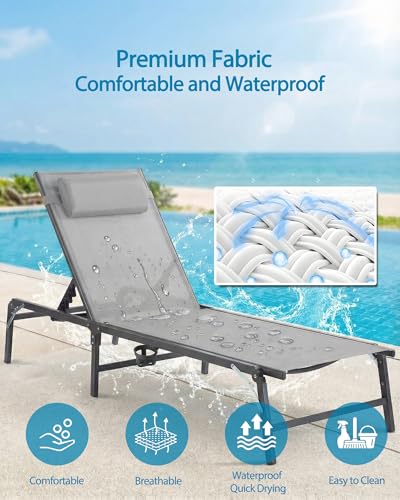 4 Pack Foldable Chaise Lounge Chair with Cup Holder, Assemble-Free Outdoor Lounge Chair with Detachable Pillow and 6 Adjustable Backrest, Patio Lounge Chair for Outside Poolside Beach Pool, Grey - color: Grey, size: 4-Pack