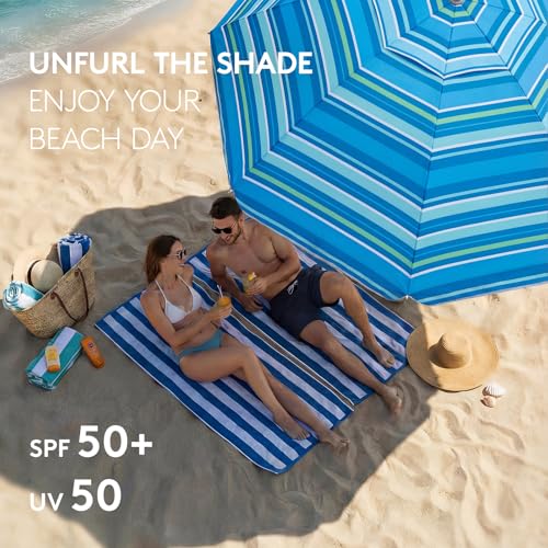 PASAMIC 7ft Beach Umbrella for Sand Featuring a 23'' Built-in Table with Sand Anchor & Tilt, UPF 50+ Protection Beach Umbrellas for Heavy Duty Wind Portable with Carry Bag and Hook, Light Blue Stripes - color: Light Blue Stripes, size: 7FT with Table