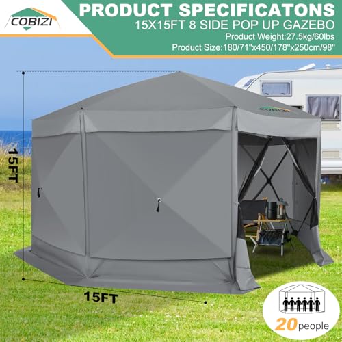 COBIZI 15x15 FT Pop Up Gazebo - Canopy Tent, Large Gazebos On Clearance with Sidewalls, Screened in Gazebo,carpas para Patio,Portable Screen Tents for 12-15 Persons Outdoor Camping, Backyard, Gray - color: Gray, size: 15x15ft with 7 sidewalls